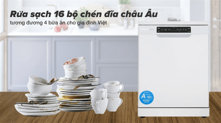 Sức chứa lên đến 16 bộ chén dĩa châu Âu của máy rửa chén độc lập Candy CDPN 4D620PW/E