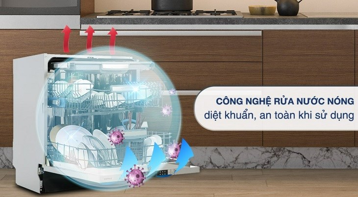 Máy rửa chén âm tủ Hafele HDW-FI60AB (538.21.330) có khả năng khử mùi hôi và diệt khuẩn hiệu quả trên chén bát nhờ công nghệ nước nóng