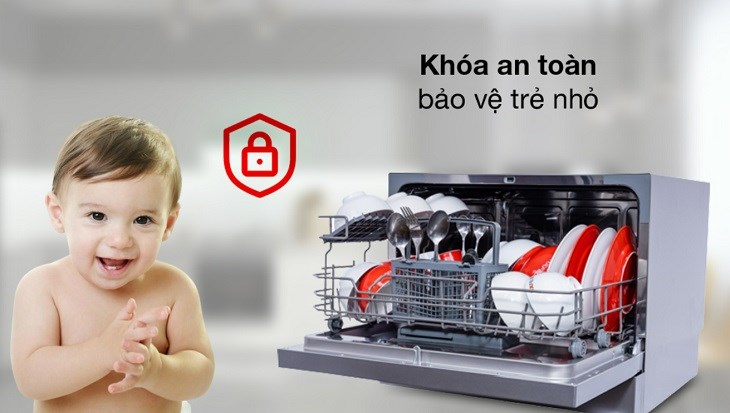 Máy rửa chén mini Hafele HDW-T50B bảo vệ an toàn cho trẻ nhỏ với chức năng khóa trẻ em