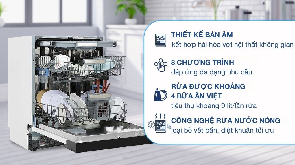 Máy rửa chén bán âm Hafele HDW-HI60B (533.23.210) sở hữu công nghệ rửa bằng nước ở nhiệt độ cao giúp loại bỏ các vết dầu mỡ trên chén đĩa dễ dàng