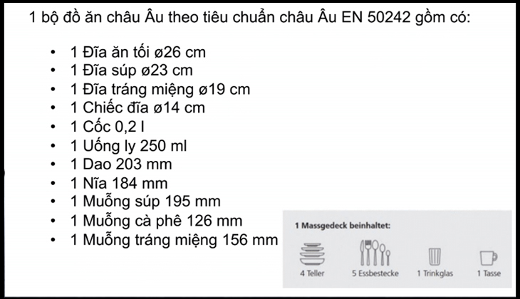 Tiêu chuẩn 1 bộ đồ ăn châu Âu