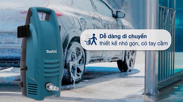 Máy phun xịt rửa áp lực cao Makita HW101 1300W được thiết kế nhỏ gọn, có tay cầm tiện lợi di chuyển