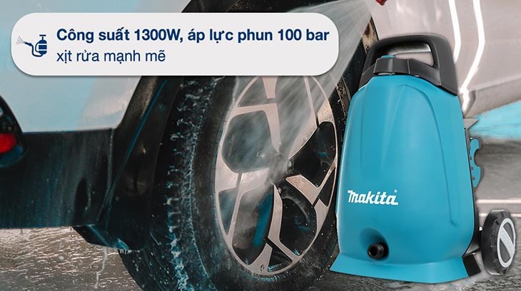 Máy phun xịt rửa áp lực cao Makita HW102 1300W có công suất máy 1300W cùng áp lực phun tối đa 100 bar cùng lưu lượng nước tối đa 6.0 lít/phút
