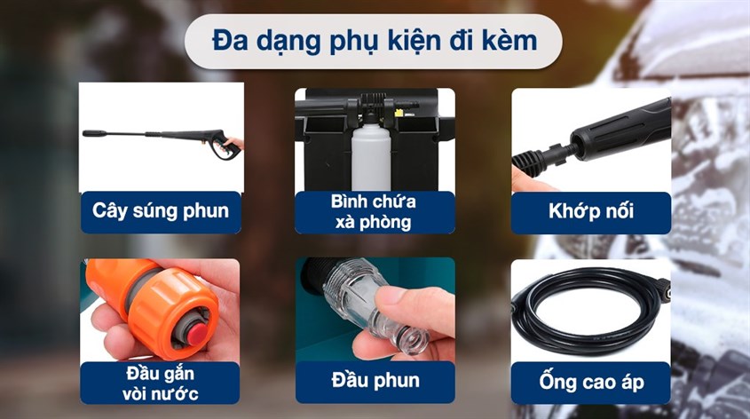 Máy phun xịt rửa áp lực cao Makita HW1200 1800W đi kèm bộ phụ kiện đa dạng