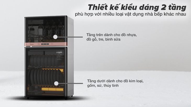 Máy có 2 tầng riêng biệt dễ dàng phù hợp với nhiều vật dụng nhà bếp khác nhau