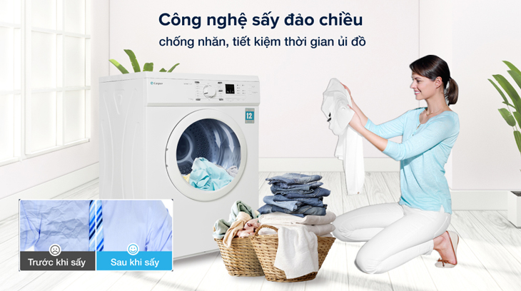 Máy sấy thông hơi Casper 7.2 Kg TD-72VWD sử dụng công nghệ sấy đảo chiều, chống nhăn quần áo hiệu quả