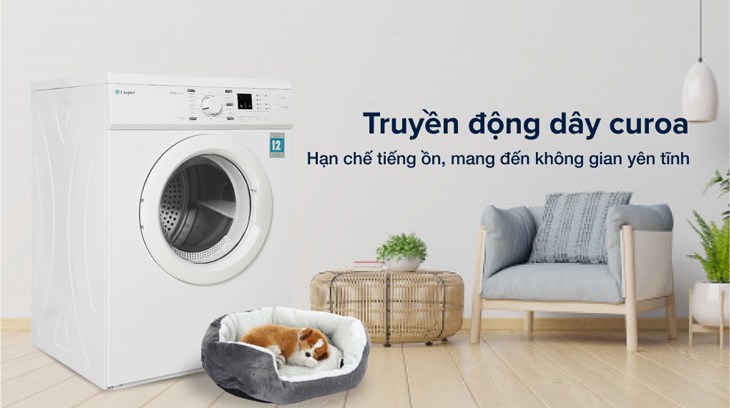 Máy sấy thông hơi Casper 7.2 Kg TD-72VWD sử dụng động cơ dây curoa cho khả năng vận hành êm ái, hạn chế tiếng ồn