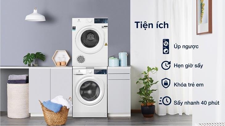 Máy sấy thông hơi Electrolux 7.5 kg EDV754H3WB có tính năng úp ngược giúp tiết kiệmdiện tích không gian phòng giặt ủi