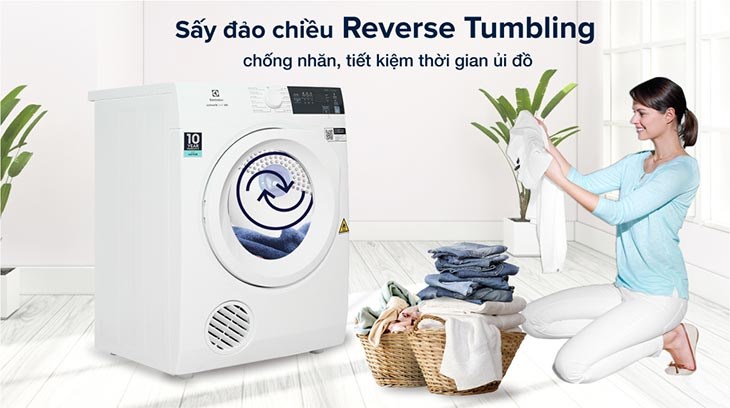 Máy sấy thông hơi Electrolux 8.5 kg EDV854J3WB trang bị công nghệ sấy đảo chiều Reverse Tumbling chống xoắn rối quần áo