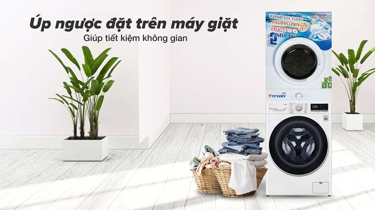Máy sấy thông hơi Alaska 9 kg S90 úp ngược đặt trên máy giặt giúp tiết kiệm diện tích, tiện lợi và linh hoạt