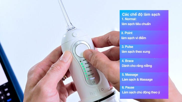 Máy tăm nước Halio Professional Cordless được tích hợp 6 chế độ cho phép người dùng lựa chọn chế độ phù hợp với mục đích sử dụng