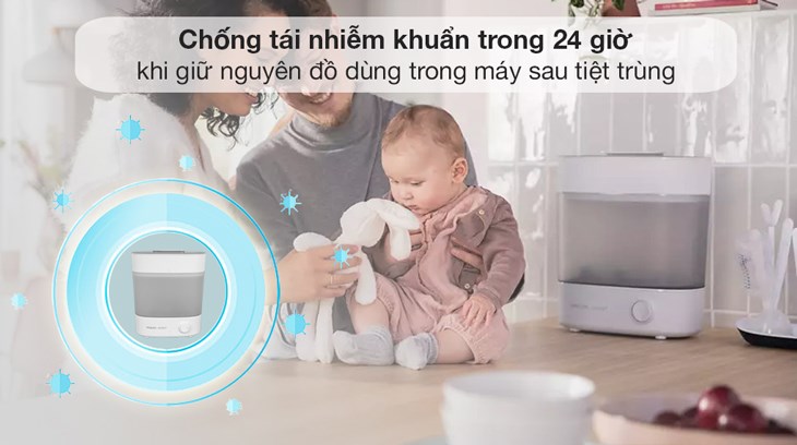 Máy tiệt trùng bình sữa 3 trong 1 Philips Avent SCF291.00 không sử dụng hóa chất, giúp chống tái nhiễm khuẩn đến 24 giờ