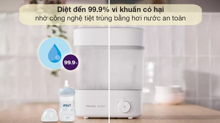 Máy tiệt trùng sấy khô bình sữa Philips Avent SCF293.00 được trang bị công nghệ tiệt trùng bằng hơi nước hiện đại, giúp tiêu diệt đến 99.9% vi trùng