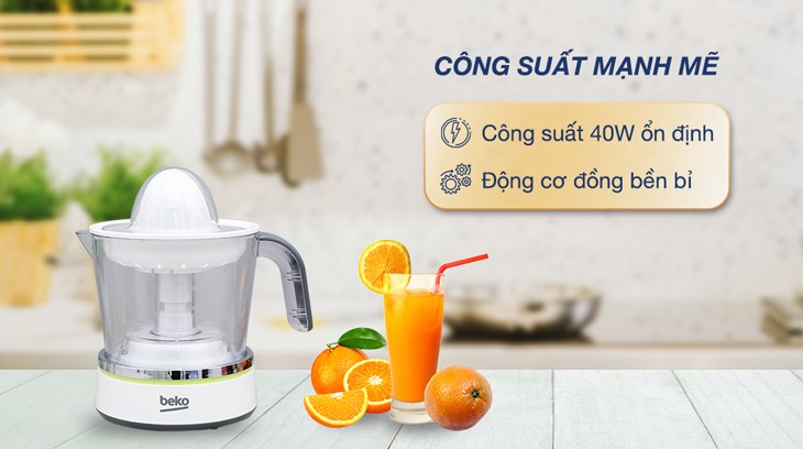 Máy vắt cam Beko 40W CJB5103W vận hành với công suất 40W, giúp bạn tiết kiệm thời gian vắt nước cam