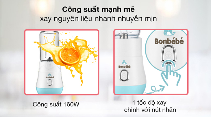 Máy xay mini đa năng Bonbébé BB-39 có công suất 160W, giúp xay thực phẩm nhanh chóng