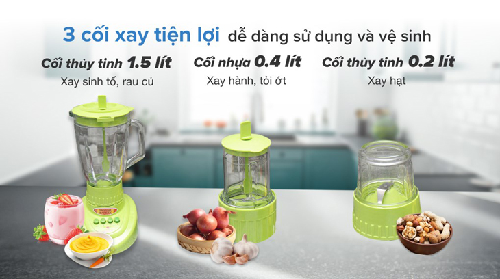 Máy xay sinh tố HappyCook HCB-150B được trang bị 3 cối xay tiện lợi, dễ dàng sử dụng và vệ sinh