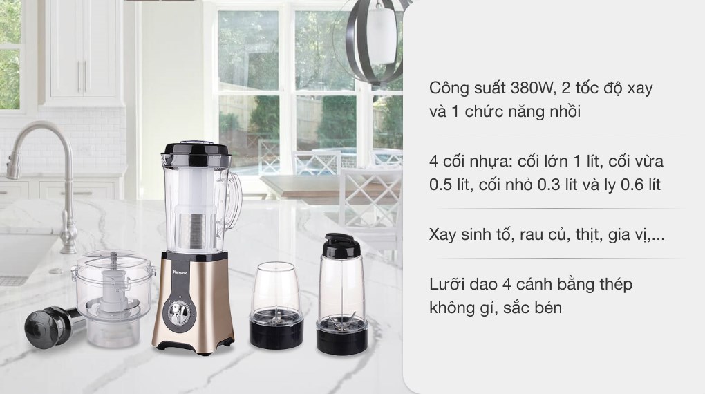 Máy xay sinh tố đa năng Kangaroo KG4B3 được trang bị nhiều cối xay, đáp ứng đa dạng nhu cầu sử dụng từ xay rau củ đến thịt cá