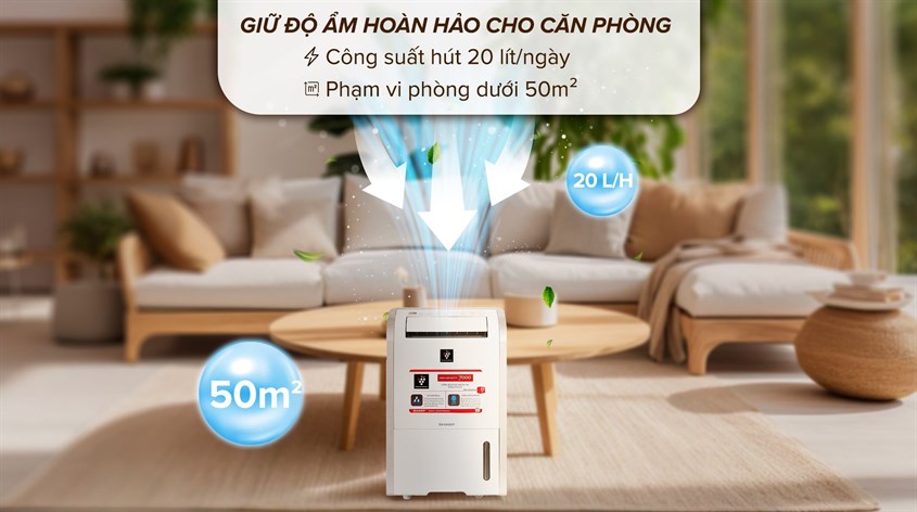 Máy hút ẩm Sharp DW-D20A-W hút ẩm hiệu quả với công suất 410W