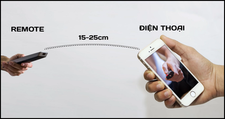 Đưa remote ra trước camera điện thoại hoặc ống kính máy ảnh với khoảng cách từ 15 - 25cm.