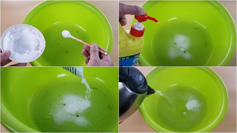 Khuấy đều nước rửa chén với baking soda với muối