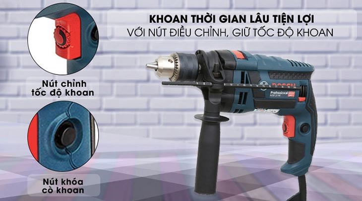 Máy khoan động lực điện Bosch GSB 16 RE 750W trang bị nút tròn điều chỉnh tốc độ nằm trên cò khoan giúp người dùng chọn tốc độ và tần suất phù hợp