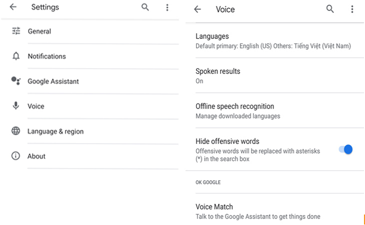 Bước 3: Chọn Settings > Google Assistant settings > Voice Match > Teach your Assistant your voice again > Nhấn Retrain