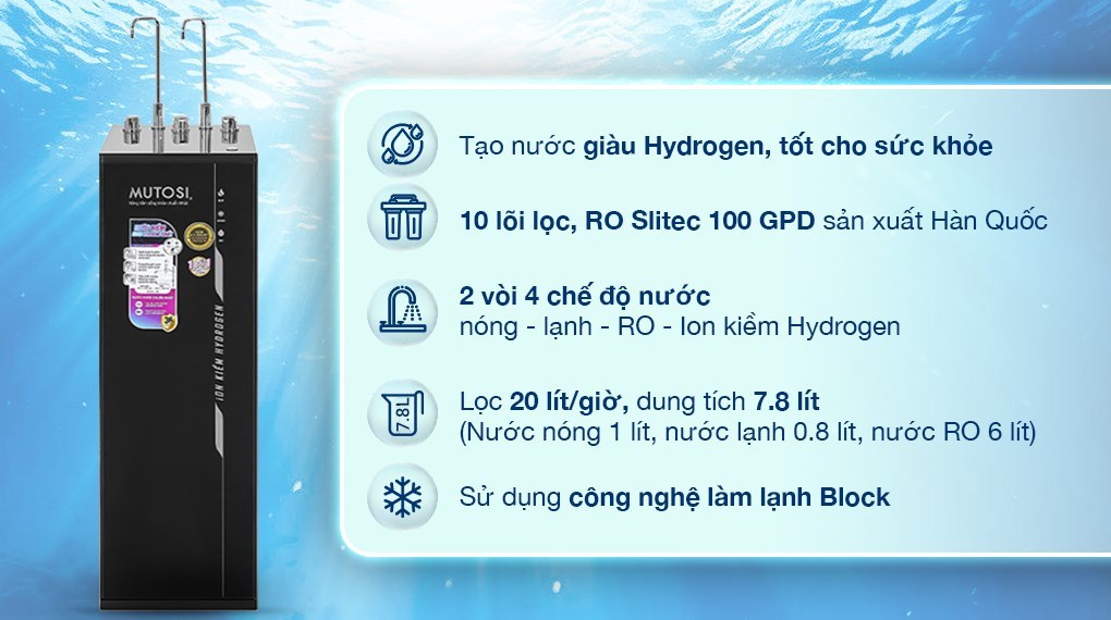 Máy lọc nước RO nóng nguội lạnh Hydrogen ion kiềm Mutosi MP-S1021H 10 lõi sở hữu tông màu đen hiện đại, làm tăng vẻ sang trọng cho không gian như phòng bếp, phòng khách,...