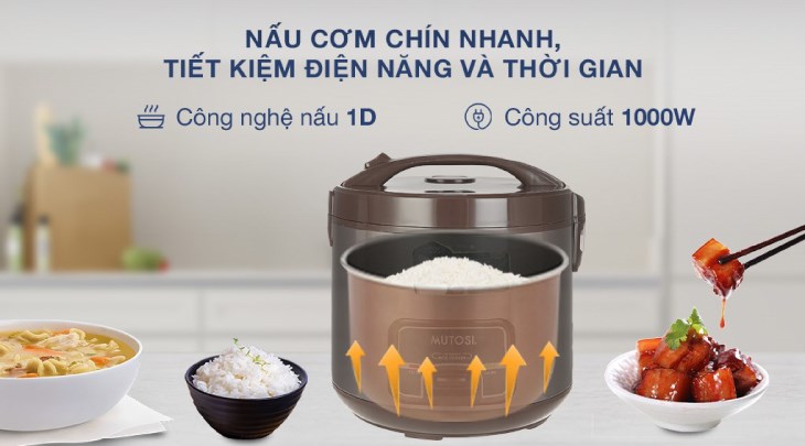 Nồi cơm nắp gài Mutosi 2.8 lít MR-38 sở hữu công suất 1000W, giúp nấu chín cơm nhanh chóng, tiết kiệm thời gian
