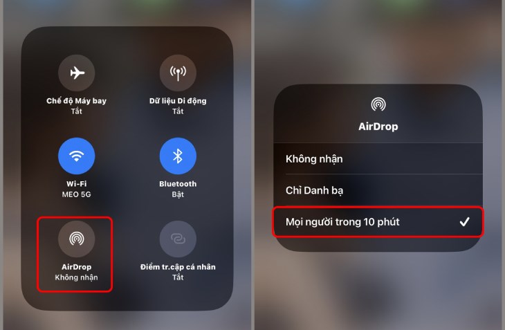 Bạn nhấn vào Trung tâm điều khiển sau đó chọn AirDrop