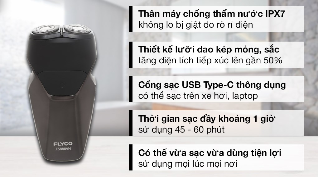 Máy cạo râu khô và ướt Flyco FS888VN với thiết kế lưỡi dao kép mỏng, sắc trên đầu cạo giúp tăng diện tích tiếp xúc lên đến gần 50%