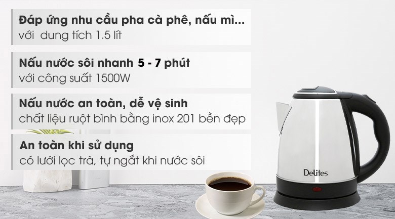 Bình đun siêu tốc Delites 1.5 lít ST15S01 với chất liệu inox không gỉ, an toàn tuyệt đối cho người sử dụng