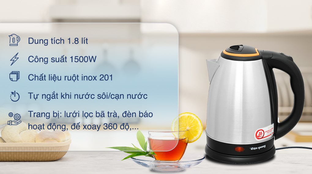 Bình đun siêu tốc Điện Quang 1.8 lít ĐQ EKT06 1518 BL với công suất 1500W hoạt động ổn định, đun nước sôi trong khoảng 7 phút, giúp tiết kiệm thời gian và điện năng