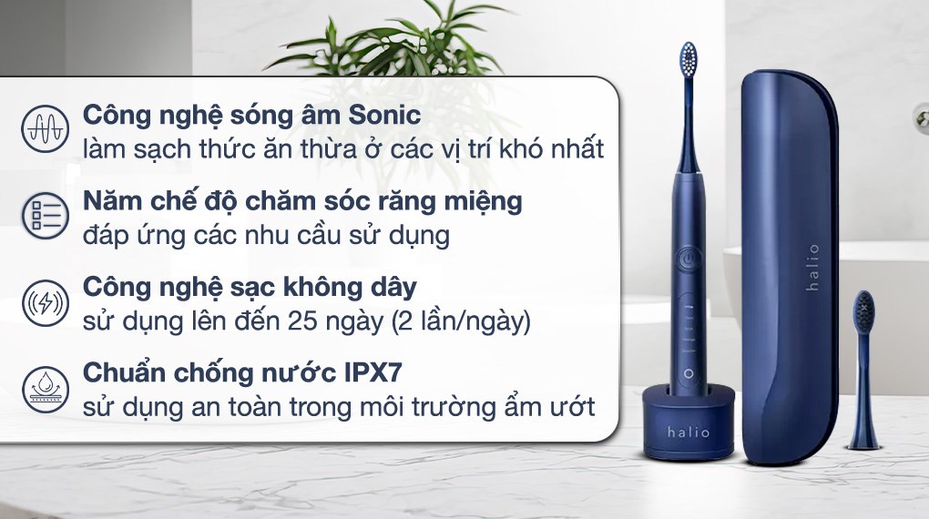 Bàn chải điện Halio Sonic Whitening Pro Midnight Blue có khả năng chống nước tối ưu IPX7
