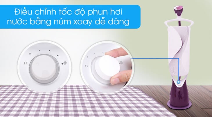 Bạn có thể điều chỉnh tốc độ phun hơi của bàn ủi hơi nước đứng Philips GC558 2000W thông qua núm xoay điều khiển