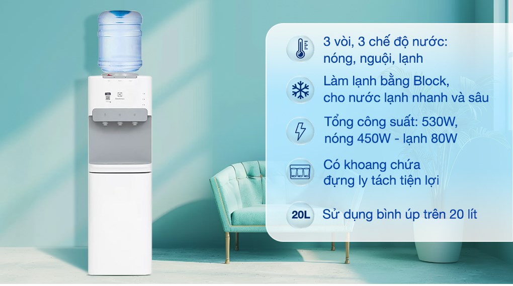 Cây nước nóng lạnh Electrolux EDBMFACWF 530W cung cấp 3 loại nước tương ứng với 3 vòi lấy nước riêng biệt