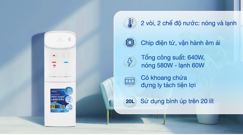 Cây nước nóng lạnh Hòa Phát HTL236 640W hoạt động dựa trên chip điện tử