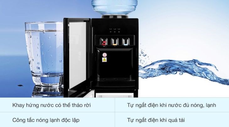 Cây nước nóng lạnh Midea YL1836S-B 520W có khay hứng nước thừa ngăn nước đổ xung quanh, giúp khu vực đặt máy được vệ sinh, sạch sẽ