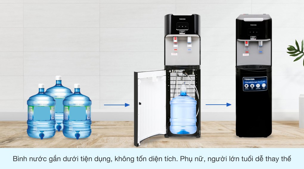 Cây nước nóng lạnh Toshiba RWF-W1669BV(K1) có dung tích bình nóng 1.02 lít và bình lạnh 3.6 lít, cung cấp nước nóng - lạnh đầy đủ cho gia đình bạn