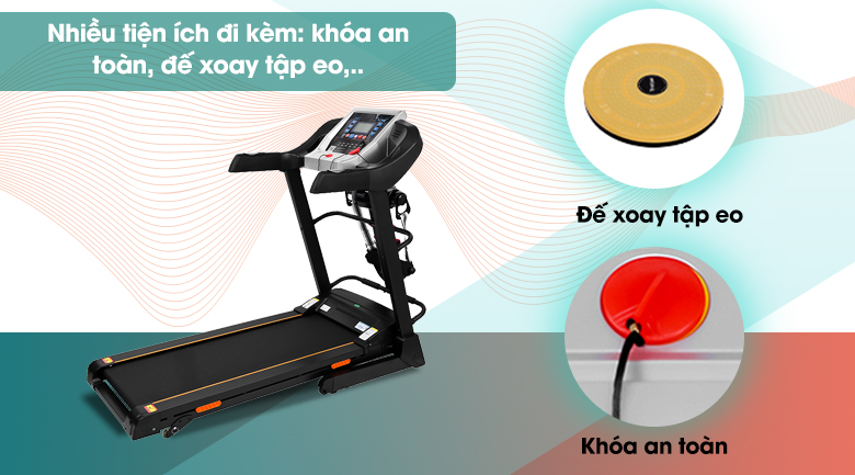 Máy chạy bộ thể dục Airbike Sports T800 có nhiều tiện ích đi kèm như khóa an toàn, chế độ tập eo