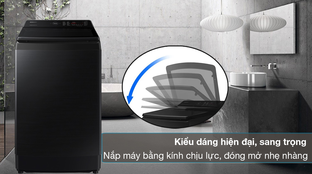 Máy giặt Samsung 12kg WA12CG5745BVSV kiểu thiết kế máy giặt cửa trên với độ bền tốt và đảm bảo tính thẩm mỹ cho máy trong suốt thời gian sử dụng