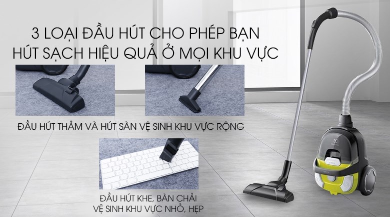 Máy hút bụi đi kèm đa dạng đầu hút giúp vệ sinh tiện lợi