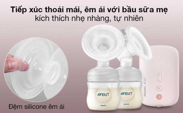 Máy hút sữa điện đôi Philips Avent Eureka SCF393.11 được trang bị đệm silicon êm ái, giúp kích thích tiết sữa nhẹ nhàng, không gây đau nhức ngực mẹ