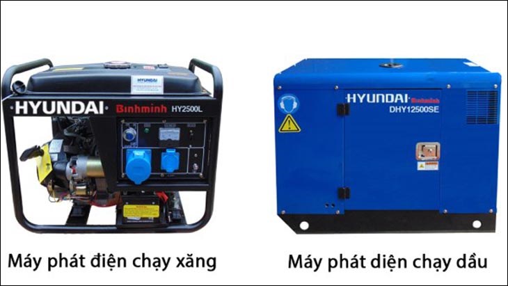 Máy phát điện chạy bằng xăng và chạy bằng dầu đều sử dụng động cơ đốt trong và nhiên liệu hoá lỏng