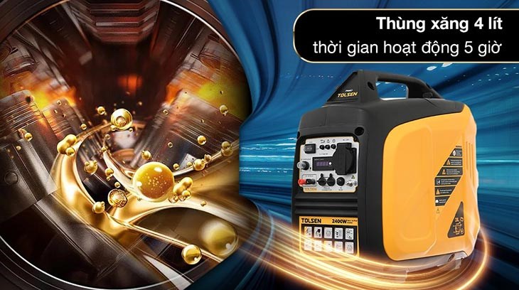 Máy phát điện chạy xăng Tolsen 79987 2200W có thùng xăng 4 lít, cho thời gian hoạt động trong 5 giờ