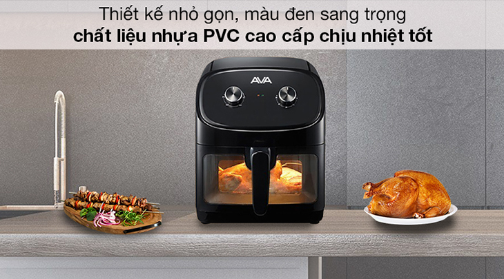 Nồi chiên không dầu Ava 55K07A 5 lít sở hữu thiết kế nhỏ gọn, màu đen sang trọng với chất liệu nhựa PVC cao cấp chịu nhiệt tốt