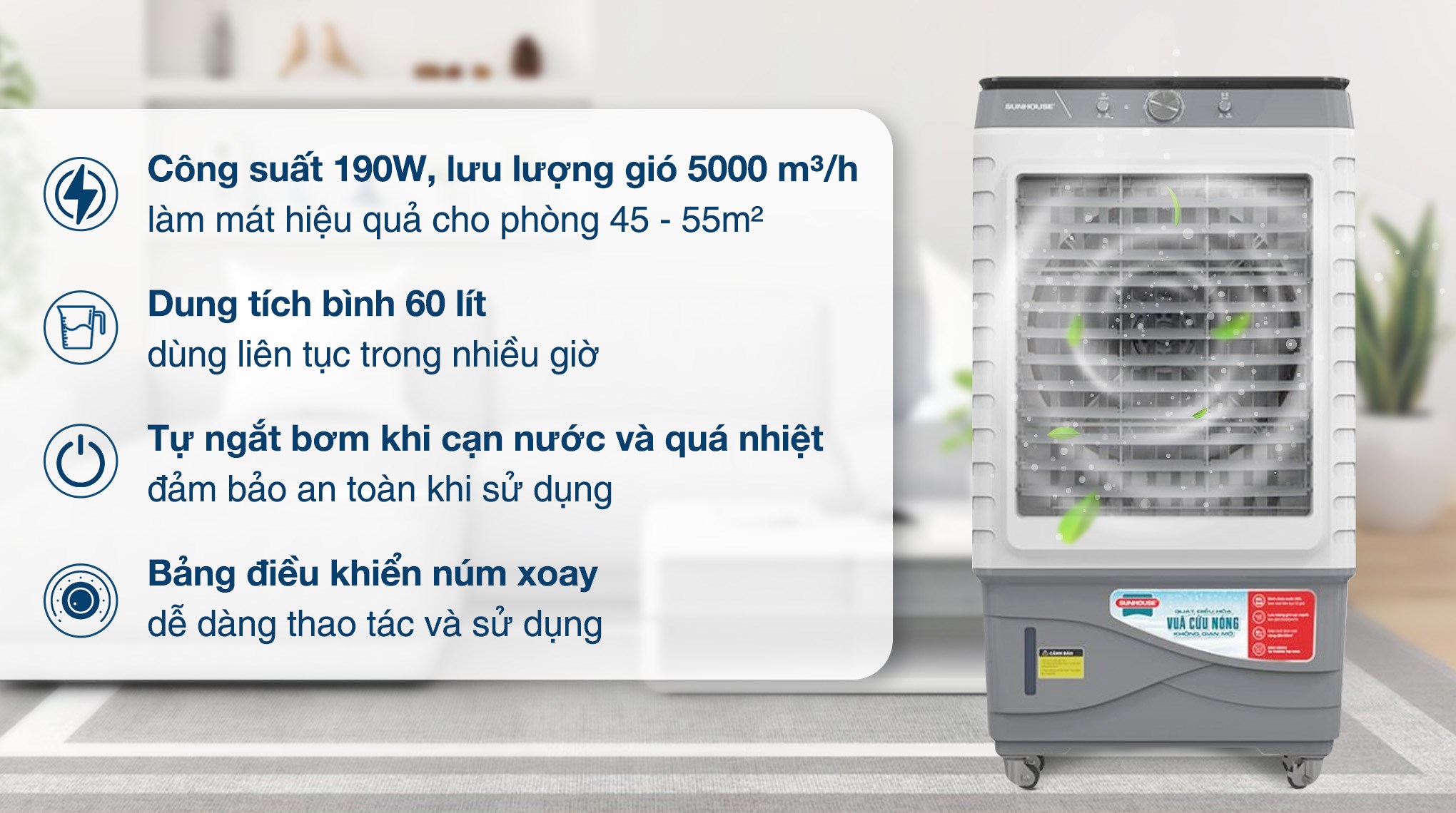 Quạt điều hòa Sunhouse SHD7798 190W phù hợp làm mát cho phòng từ 45 - 55m2