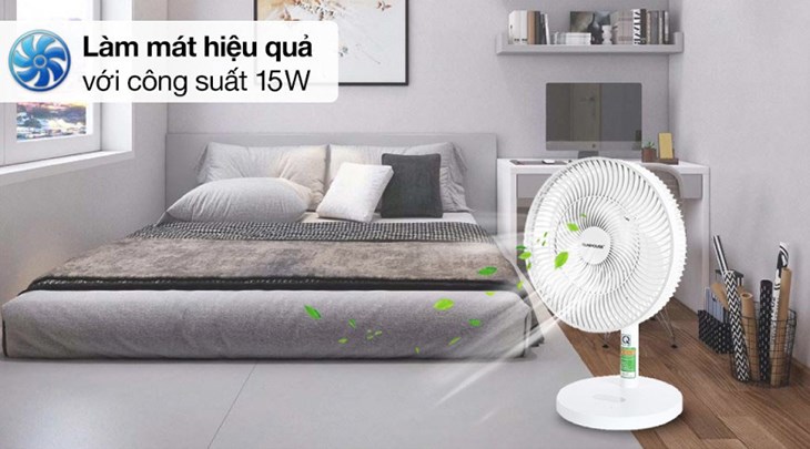 Quạt sạc điện Sunhouse 3 cánh SHD7115 15W sở hữu công suất 15W cùng động cơ bạc đạn giúp làm mát hiệu quả