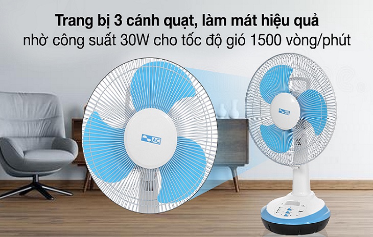 Quạt sạc điện AC ARF03D123 có khả năng làm mát nhanh chóng nhờ trang bị công suất 30W cho tốc độ gió 1500 vòng/phút
