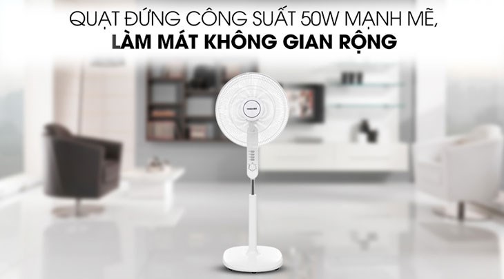 Quạt đứng Toshiba F-LSA10(W)VN hoạt động với công suất 50W giúp luồng gió mát lan tỏa đều khắp không gian