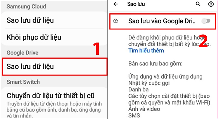 Chọn Sao lưu vào Google Drive